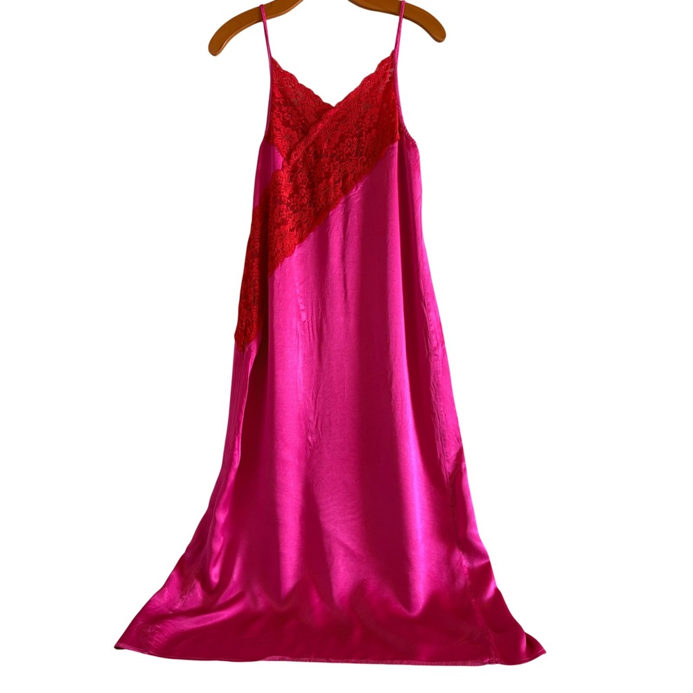 Topshop Hot Pink Satin Red Lace Maxi Nightgown Slip Dress Side Slit Fuchsia SZ 6 - Picture 6 of 13